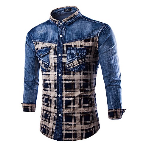 Men's Plaids & Checks Long Sleeve Top , Cotton / Denim Casual Men's Plaids & Checks Long Sleeve Top , Cotton / Denim Casual